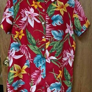 Chico's design vintage Hawaiian Red Floral Linen Blend Shirt